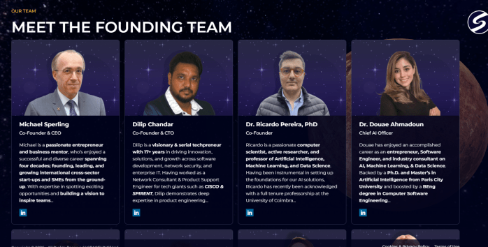 Screenshot of the first row of the SPACELING founding team bios.