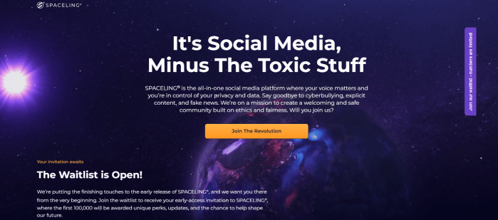 Screenshot of the SPACELING waitlist landing page header